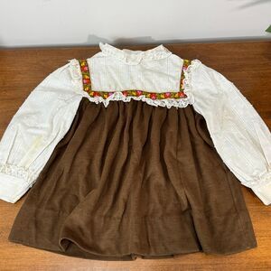 Vintage Nannette Baby Girls 3T Brown White Floral Embroidered Peasant Smock